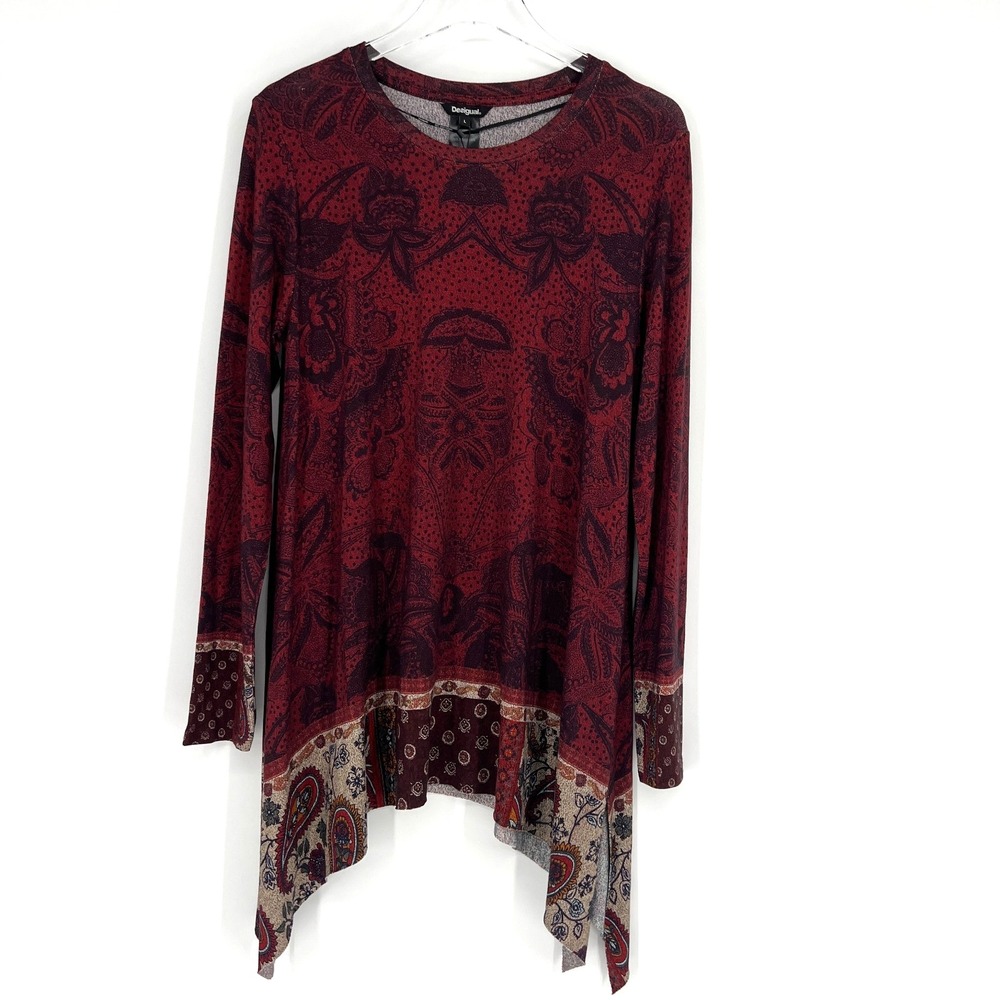 Desigual Tunic Top Womens M Red Floral Sweater Boho Paisley Asymmetric Hem Lagom